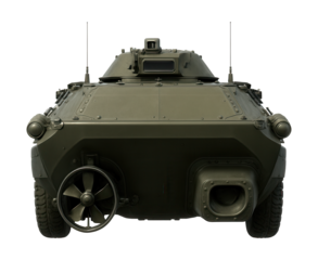 Amphibious armored vehicle featuring a propeller system and water jet propulsion.