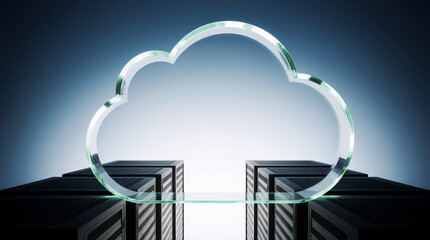 Cloud Computing: A sleek, transparent cloud rests atop a row of server racks, symbolizing the innovative future of data storage and processing in the digital age.
