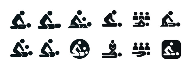 Cpr icon set: first aid, resuscitation, emergency care symbols, life-saving techniques