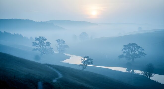 Ethereal blue hour mist envelops a serene valley, highlighting a winding river and sparse trees under a gentle, hazy sunrise