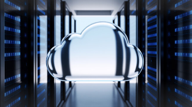 Digital Cloud Data Server: A gleaming, chrome cloud floats amidst a modern server room, representing digital data storage and global connectivity.