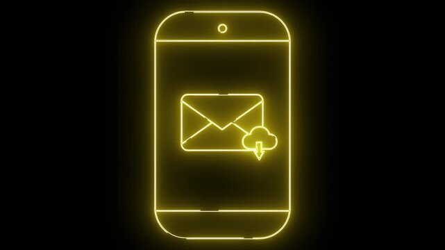 Neon phone outline with email and cloud download symbol on the screen