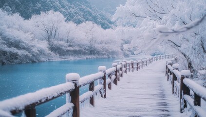 Winter Wonderland, Serene Snowscape Along a Frozen Lakeside Path