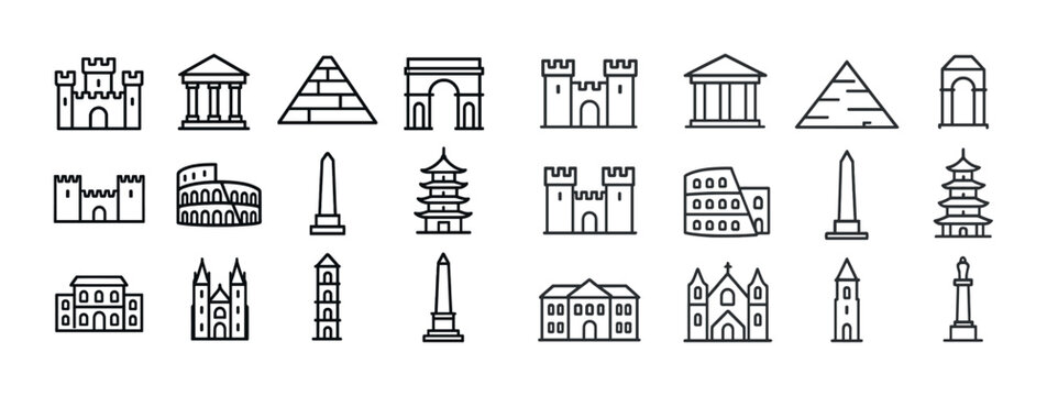 Iconic world landmarks in line art: castles, temples, pyramids, arches, obelisks