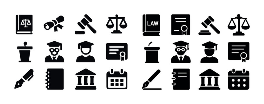 Law and education icons collection: gavel, diploma, scales, certificate, podium