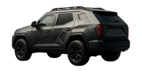 Sleek armored vehicle featuring angled rear doors and roof rails.