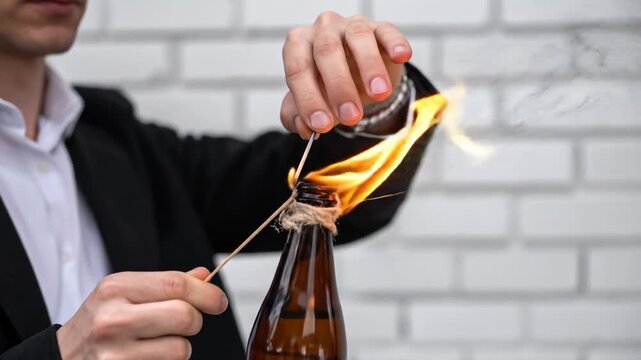 A Person Lighting a Molotov Cocktail in a Protest Scenario Against a White Brick Wall
