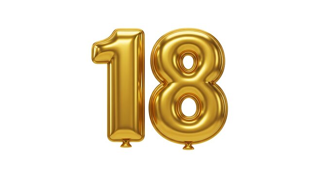Golden, glossy, inflated number balloons "18", perfect for a celebratory milestone, isolated
