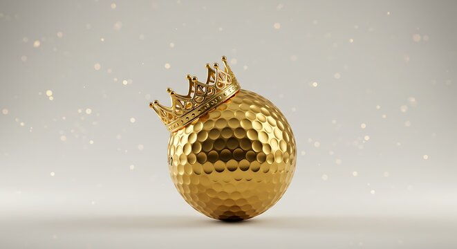 Golden golf ball wearing a gold crown on a cream-colored backdrop with floating sparkles