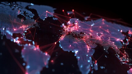 Glowing network connections across a digital world map, red intrusion markers, blue/purple global cyber defense