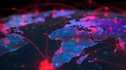 Glowing network connections across a digital world map, red intrusion markers, blue/purple global cyber defense