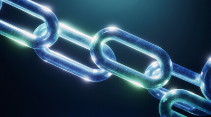Interlinked Strength: A close-up view of a robust chain, with each gleaming link representing unbreakable connection and collective power against a deep blue background.