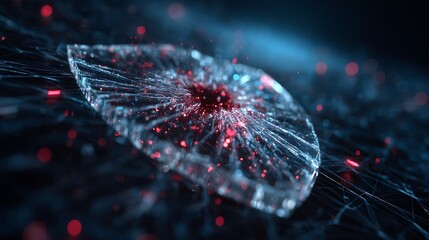 Holographic shield cracking with red particle alerts, blue cyber grid background, AI threat defense interface