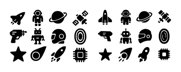 Space icons collection: rockets, astronauts, robots, planets, star