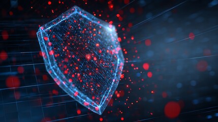 Holographic shield cracking with red particle alerts, blue cyber grid background, AI threat defense interface