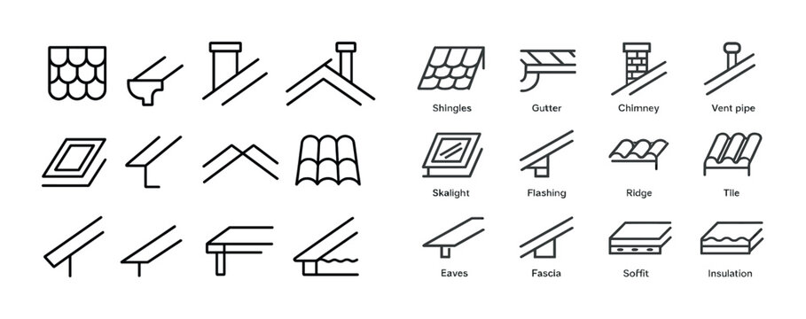 Roof component icons set: shingles, chimney, skylight, and more
