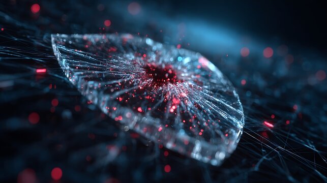 Holographic shield cracking with red particle alerts, blue cyber grid background, AI threat defense interface