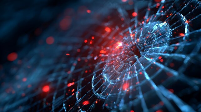 Holographic shield cracking with red particle alerts, blue cyber grid background, AI threat defense interface