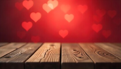 Flat lay of a wooden table with decorative hearts on a red background, symbolizing romance and Valentine's Day