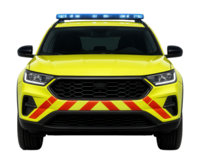 High-visibility incident response vehicle with reflective stripes and rooftop light.