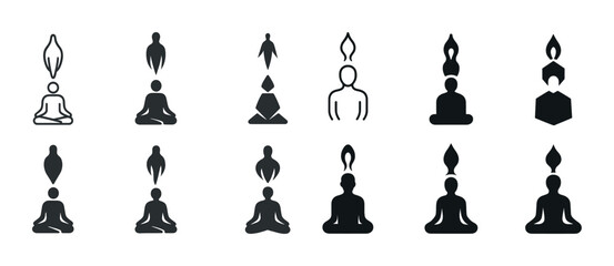 Abstract meditation icons: diverse silhouettes and lotus poses