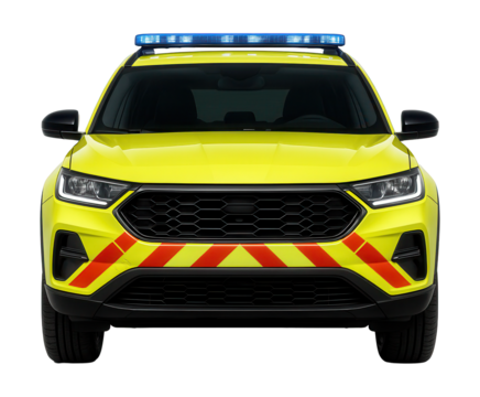 High-visibility incident response vehicle with reflective stripes and rooftop light.