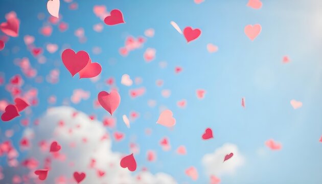A whimsical display of pink hearts drifting through the air, symbolizing love and romance for Valentine's Day