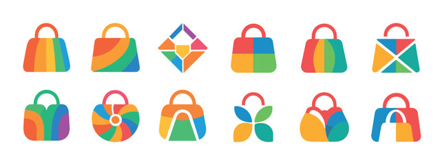 Colorful geometric shopping bag icons on white background