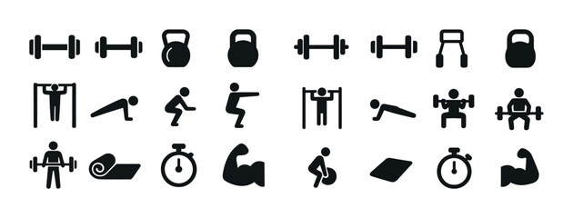 Fitness icon set: weights, kettlebell, exercises, and gym equipment