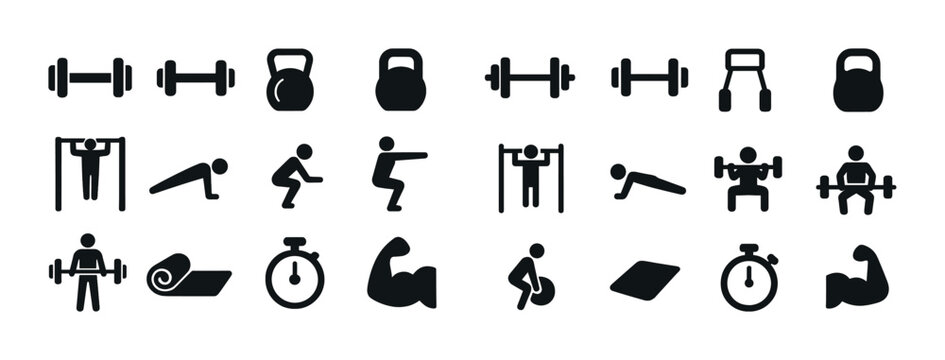 Fitness icon set: weights, kettlebell, exercises, and gym equipment