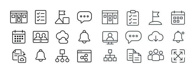 Minimalist line icons set featuring communication, planning, cloud, bell, video conference