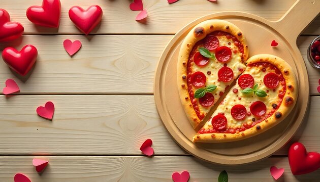 A romantic heart-shaped pizza with red roses on a wooden table, creating a warm atmosphere for Valentine's Day - Powered by Adobe