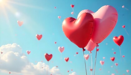 A cluster of red heart-shaped balloons floating against a blue sky, symbolizing love and romance for Valentine's Day