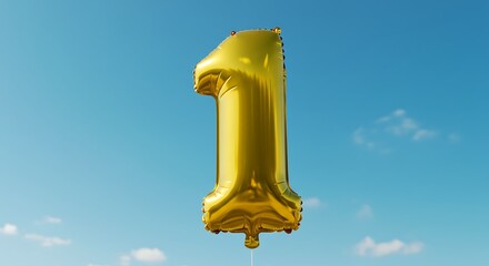 Golden helium-filled number one balloon against a blue sky with soft white clouds, celebrating