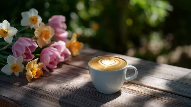 Morning coffee with heart latte art and spring flowers on wooden table