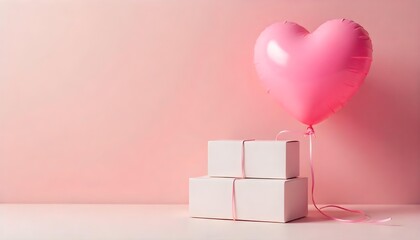 Pink heart-shaped balloon with gift boxes on a soft pink background, evoking love and romance for Valentine's Day