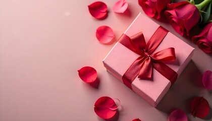 Valentine's Day gift box with red roses on a soft pink background, evoking love and romance