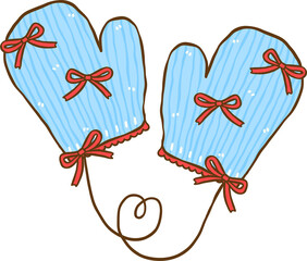 Coquette Cozy Winter Blue Glove Mittens with Red Ribbon Bows Cartoon Hand Drawn