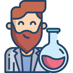 Illustration of a Smiling Bearded Scientist with a Flask in a Laboratory Setting Representing Chemistry and Research