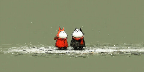 Minimalist Whimsical Cartoon Fox and Cat Characters in Red Scarves Standing in a Snowy Field