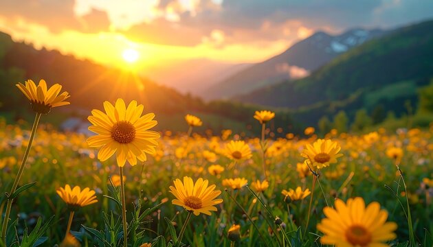 Golden hour illuminates a field of yellow wildflowers against rolling green hills and majestic mountains