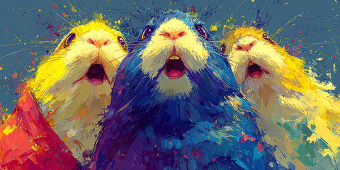 Vibrant Pop Art Painting of Three Surprised or Singing Hamsters with Splashes
