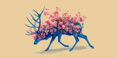 Surreal Blue Stag with Antlers Covered in Lush Pink and Red Roses on a Vintage Background