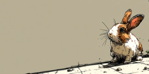 Sketch Style Illustration of a Small Brown and White Rabbit Sitting on an Outdoor Ledge