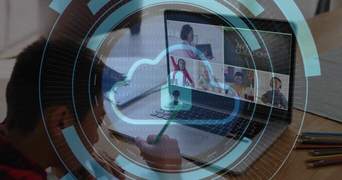 Boy writing at table, remote class starting and HUD graphics over laptop showing cloud security