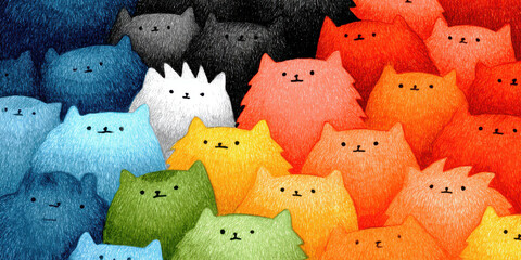 Crowd of Fluffy Cartoon Cats in a Rainbow Gradient with a Hand-Drawn Textured Style