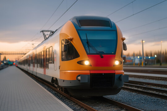 Electric passenger train approaching platform at sunset, modern railway transport in urban environment
