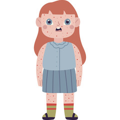 Ginger Haired Girl With Red Spots On Her Face Arms And Legs Wearing A Blue Button Up Shirt And A Pleated Skirt Standing Against A White Background
