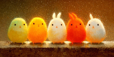 Five Adorable Fluffy Glow Bunnies or Chicks in Warm Golden Light Illustration