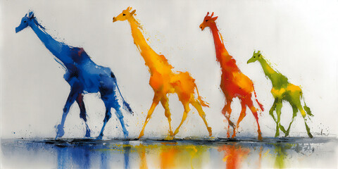 Vibrant Watercolor Splash Art of Four Colorful Giraffes Walking in a Row